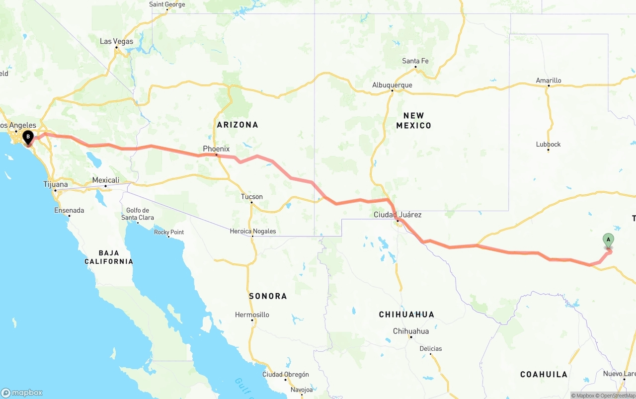 Shipping route from Texas to John Wayne Airport — Orange County