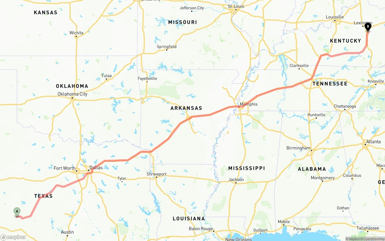 Shipping route from Texas to Kentucky