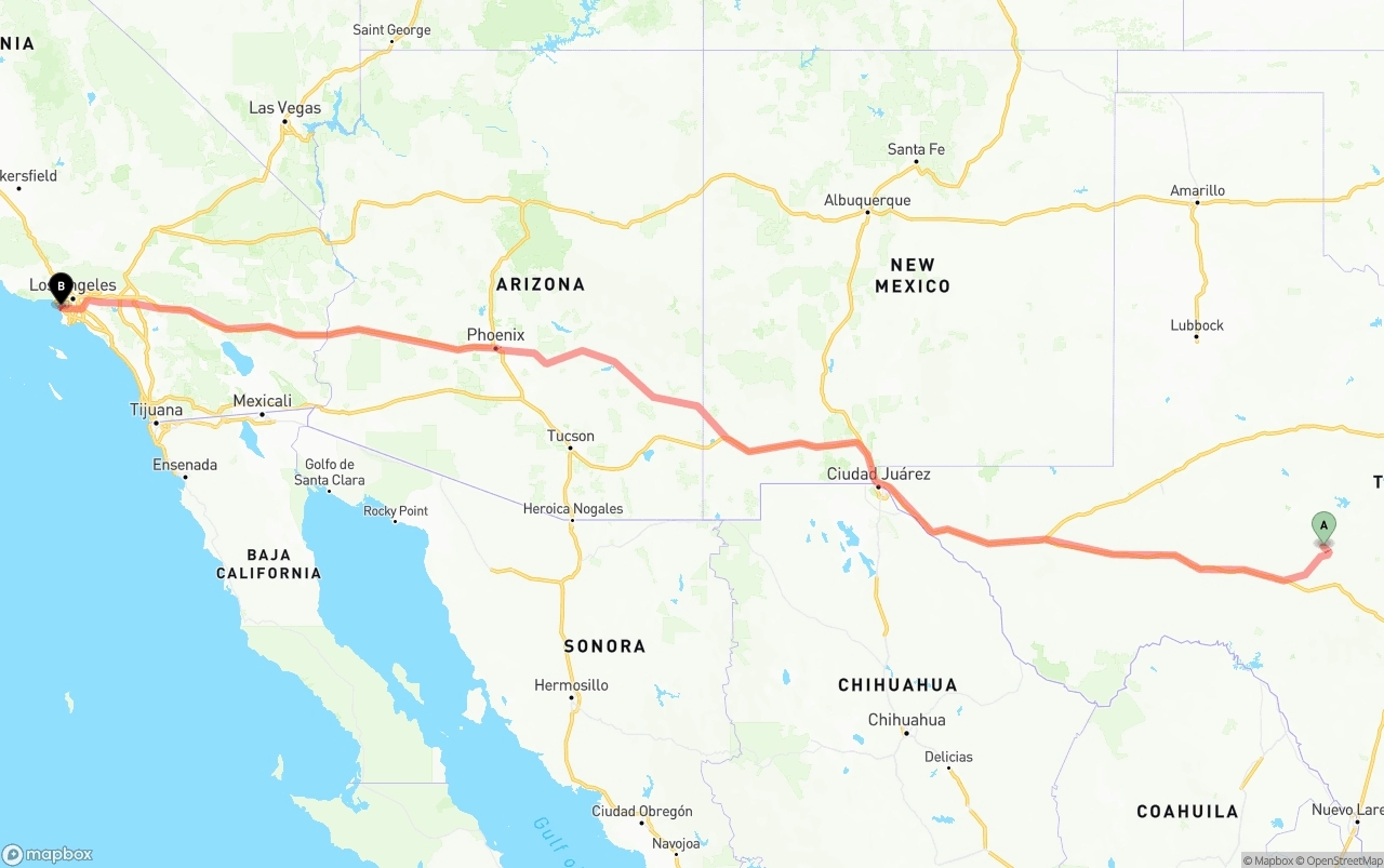 Shipping route from Texas to Los Angeles International Airport