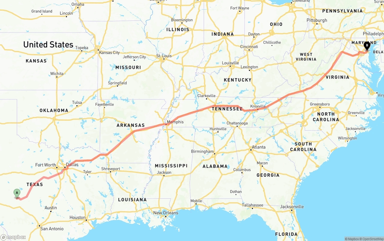 Shipping route from Texas to Maryland