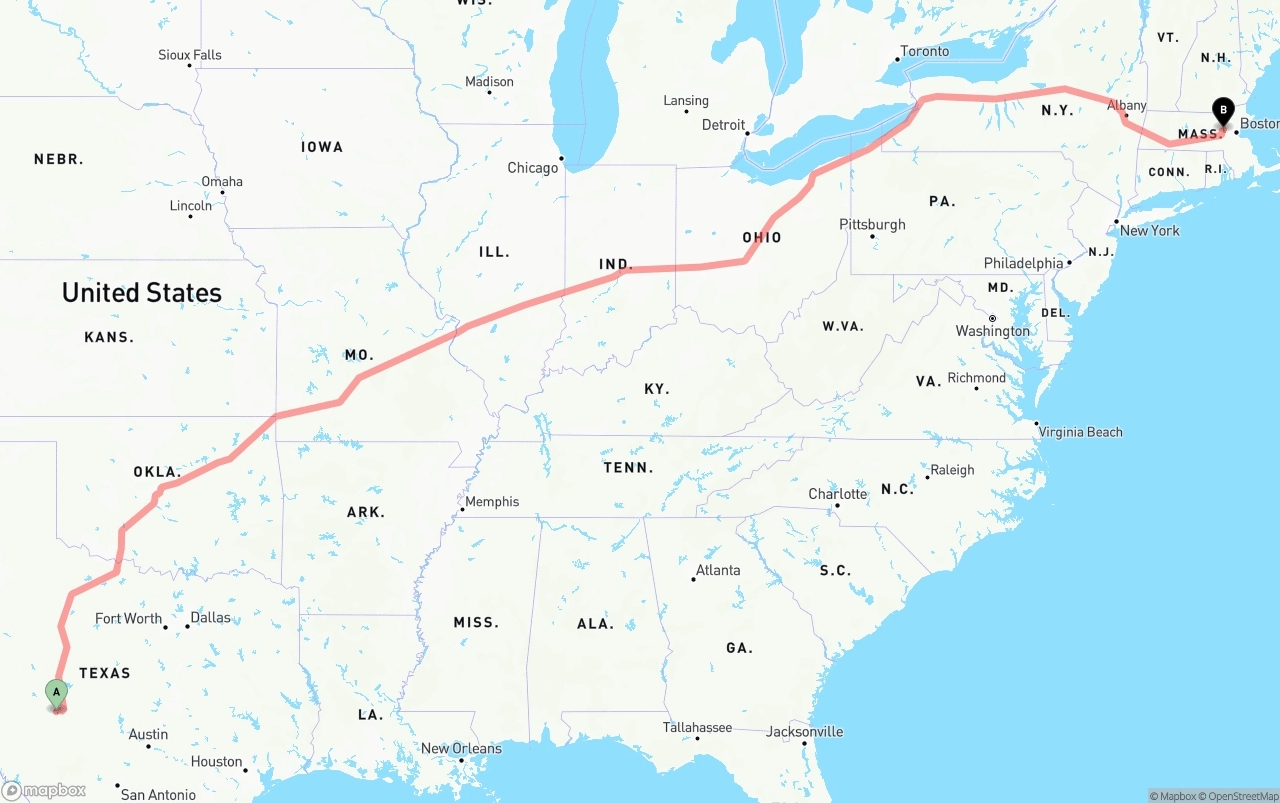 Shipping route from Texas to Massachusetts