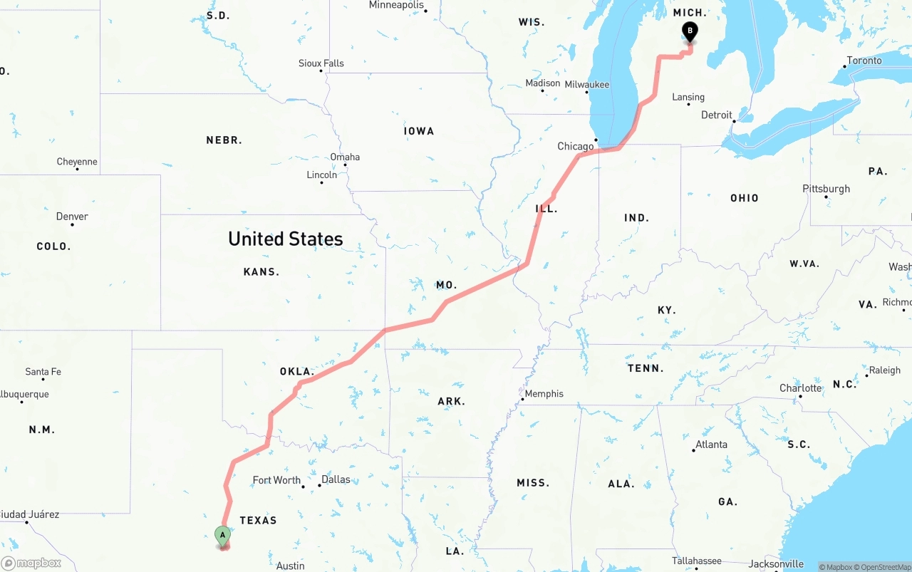 Shipping route from Texas to Michigan