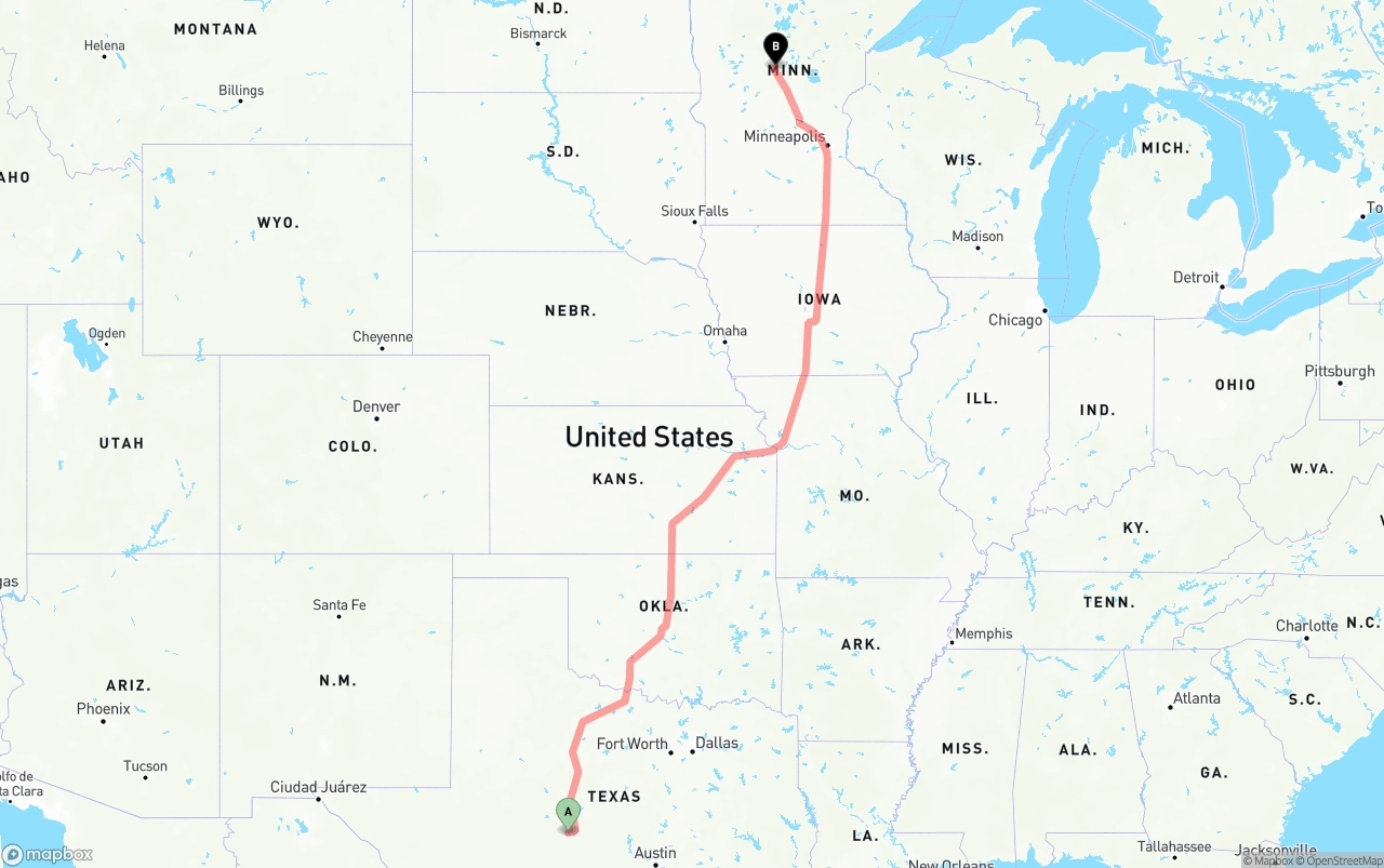 Shipping route from Texas to Minnesota