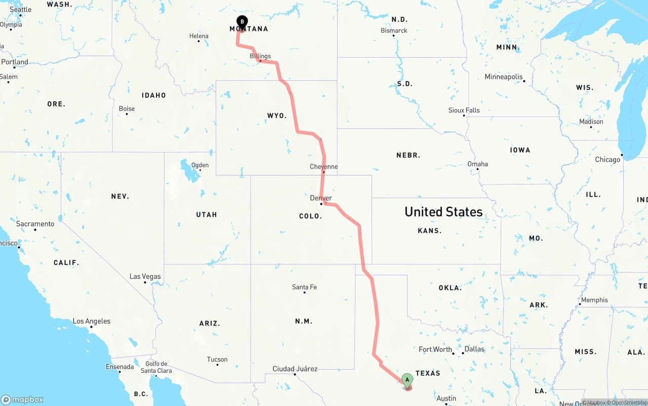 Shipping route from Texas to Montana