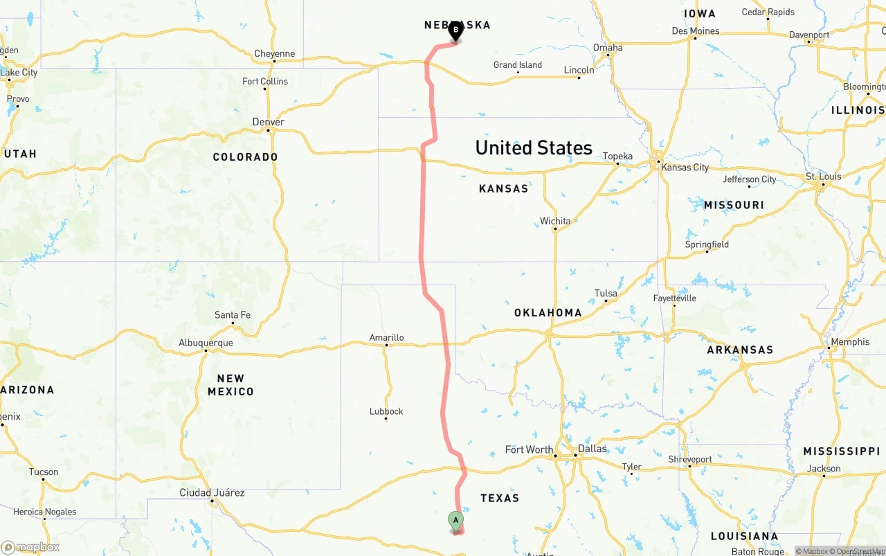 Shipping route from Texas to Nebraska