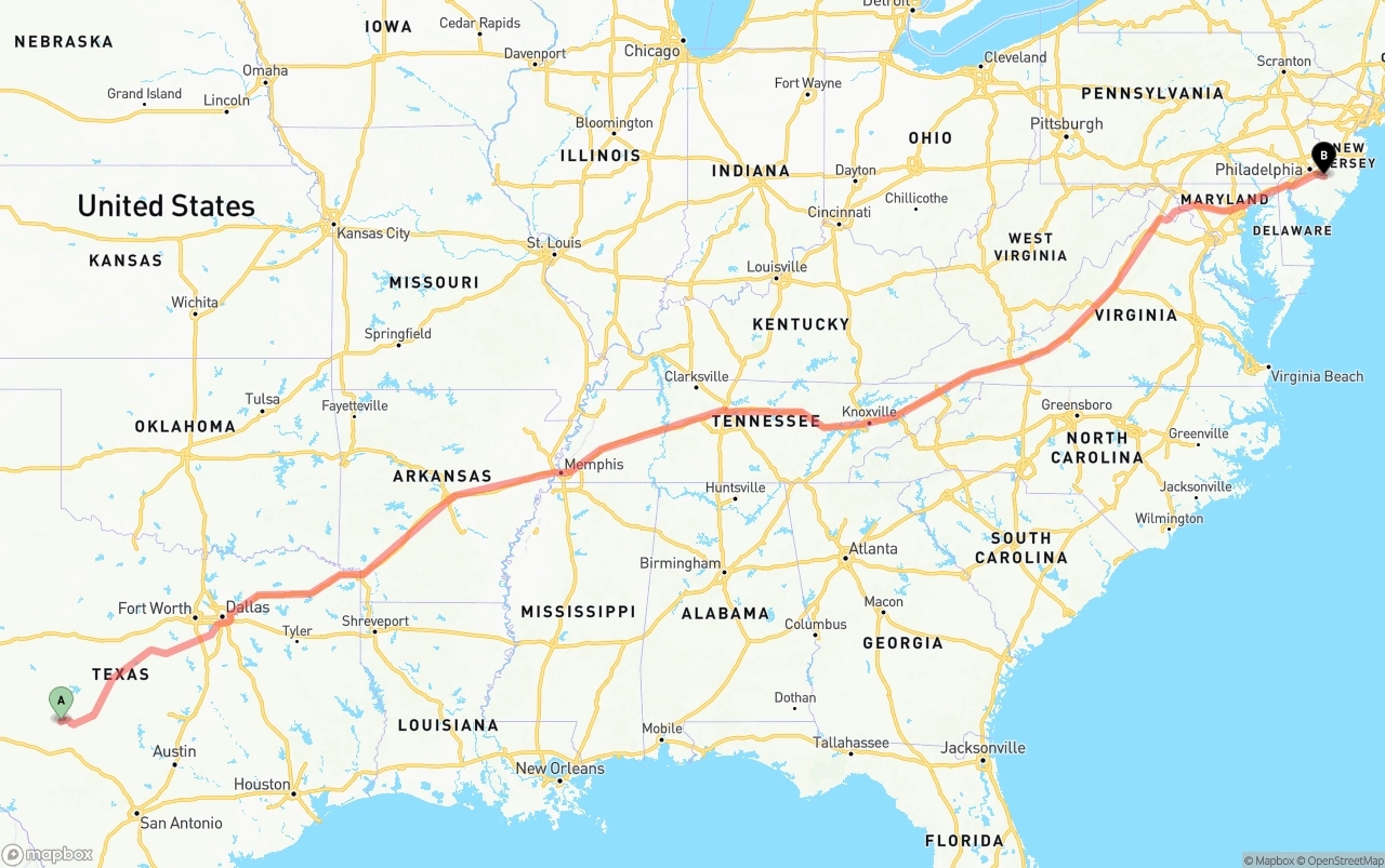Shipping route from Texas to New Jersey