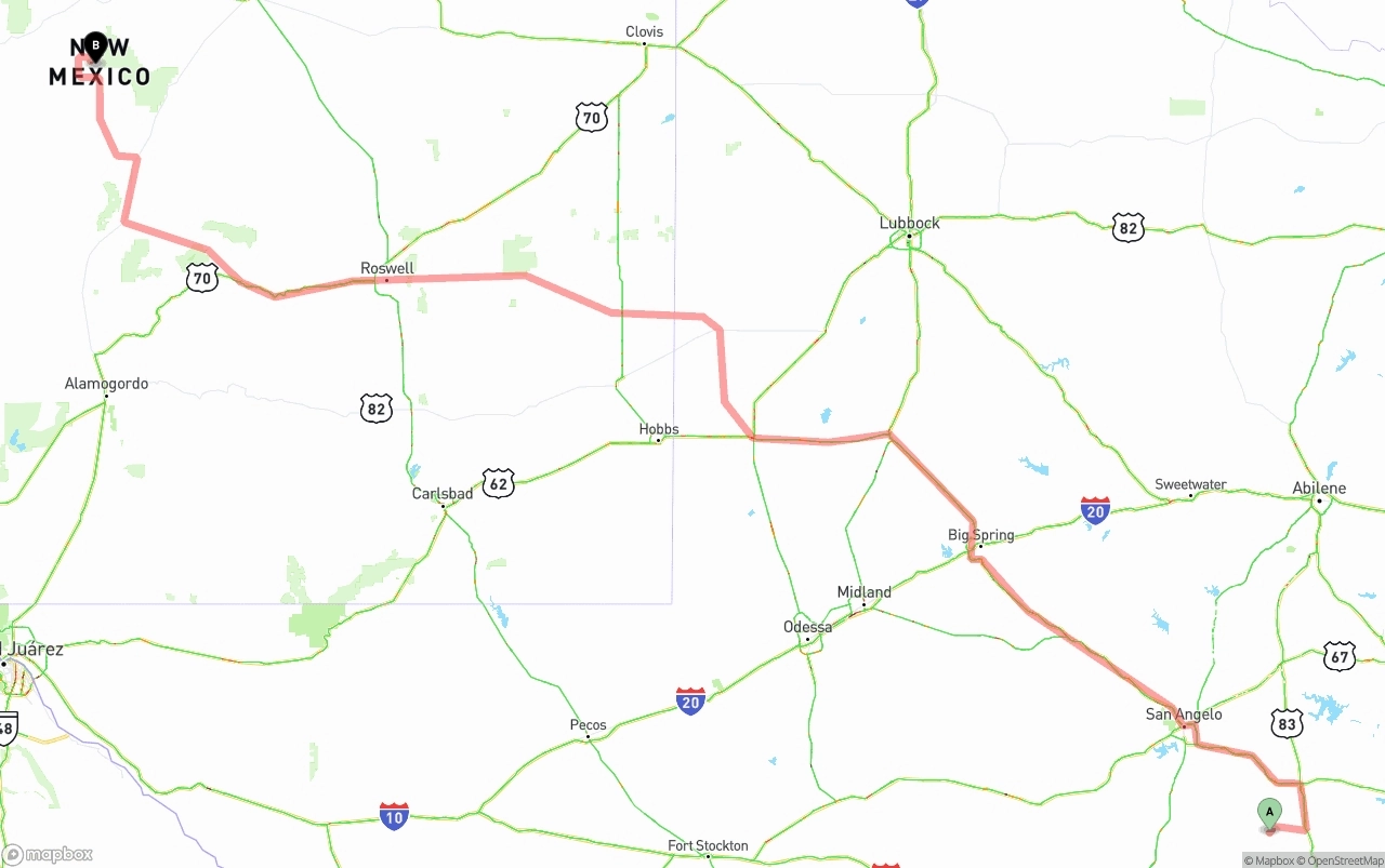 Shipping route from Texas to New Mexico