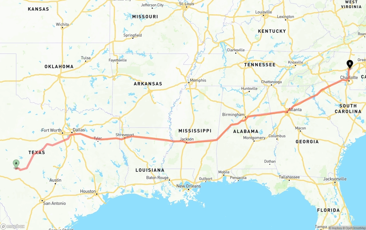 Shipping route from Texas to North Carolina