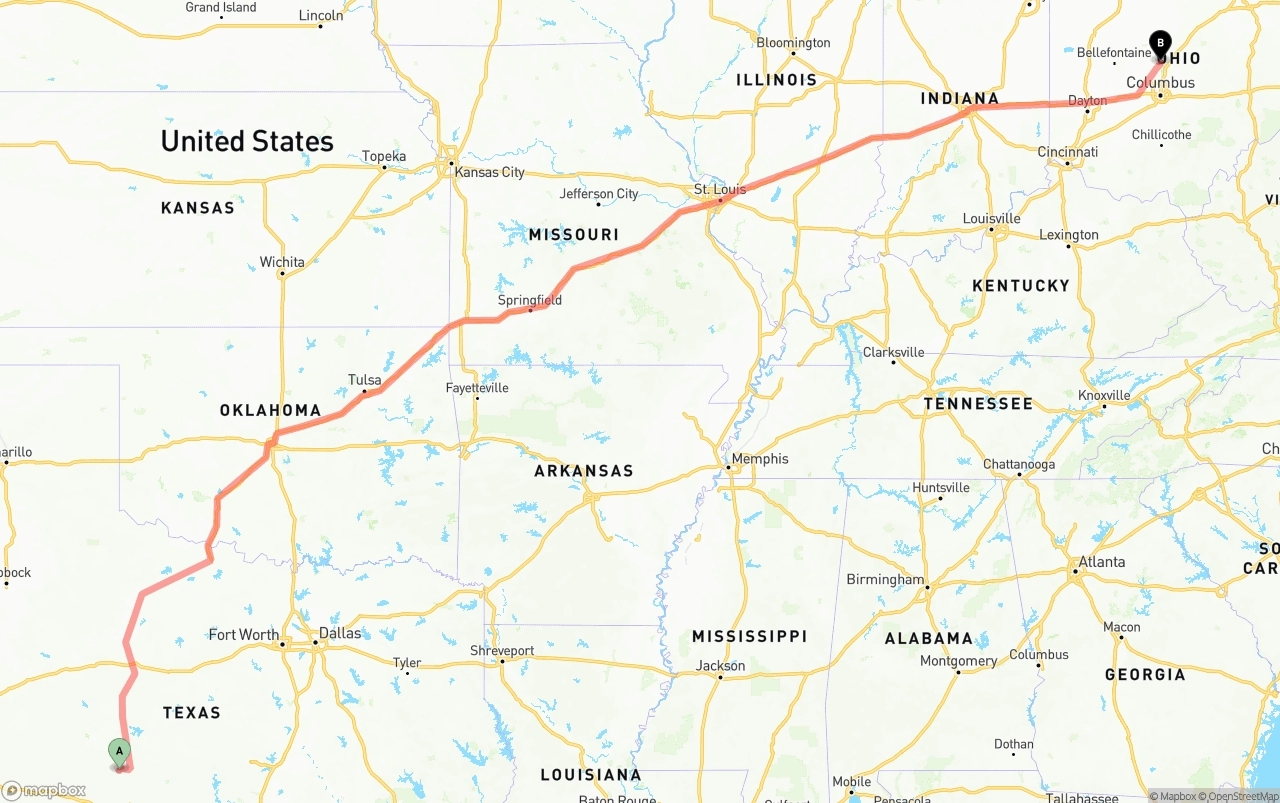 Shipping route from Texas to Ohio