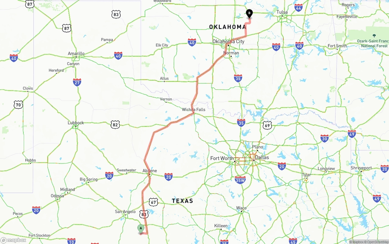 Shipping route from Texas to Oklahoma