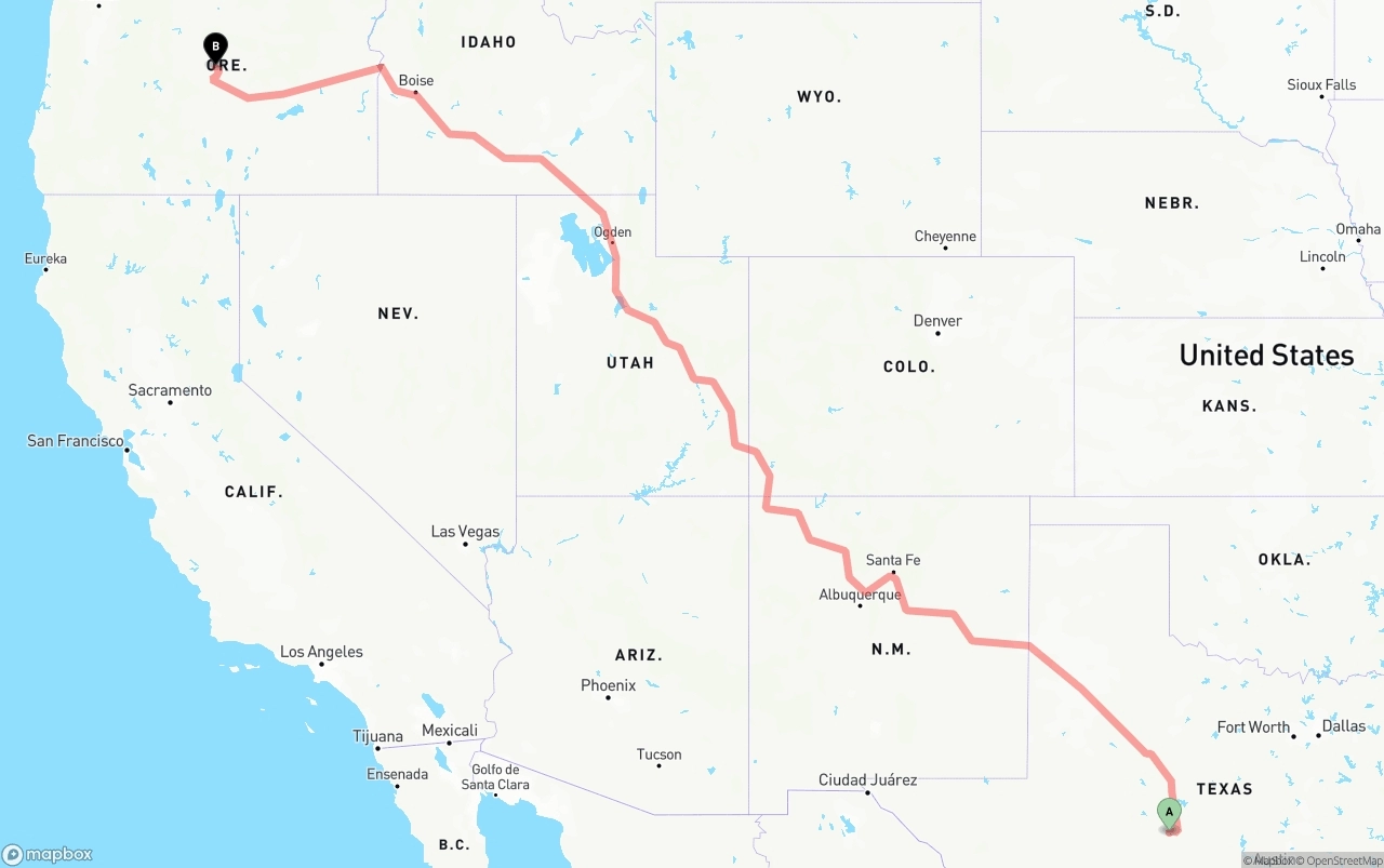 Shipping route from Texas to Oregon