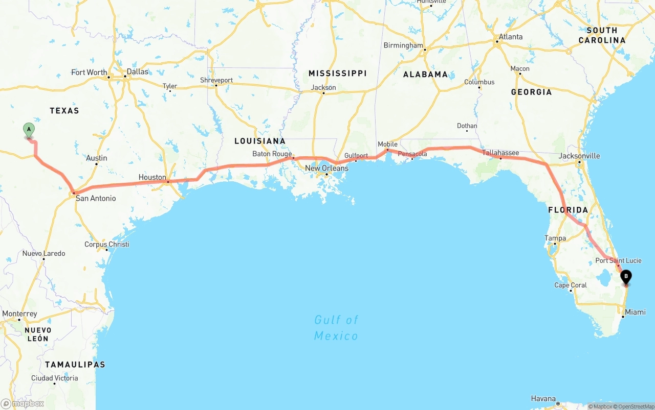 Shipping route from Texas to Palm Beach International Airport
