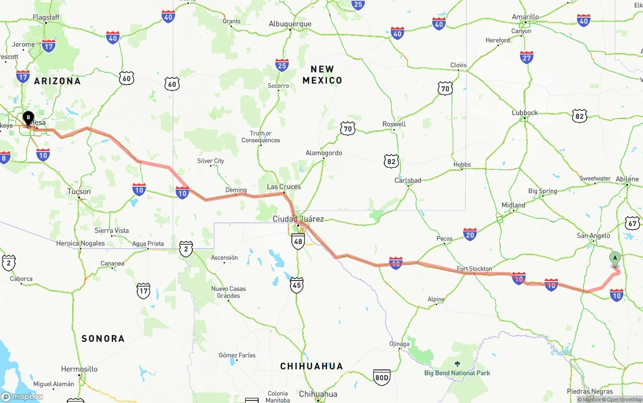 Shipping route from Texas to Phoenix Sky Harbor International Airport