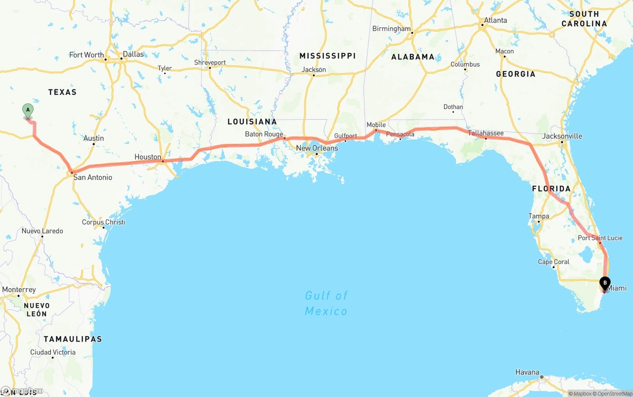 Shipping route from Texas to Port of Miami