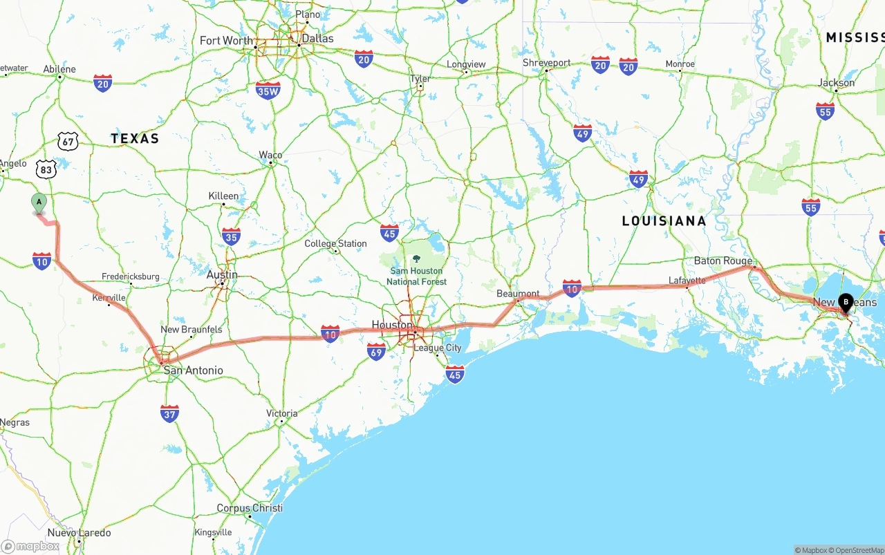 Shipping route from Texas to Port of New Orleans