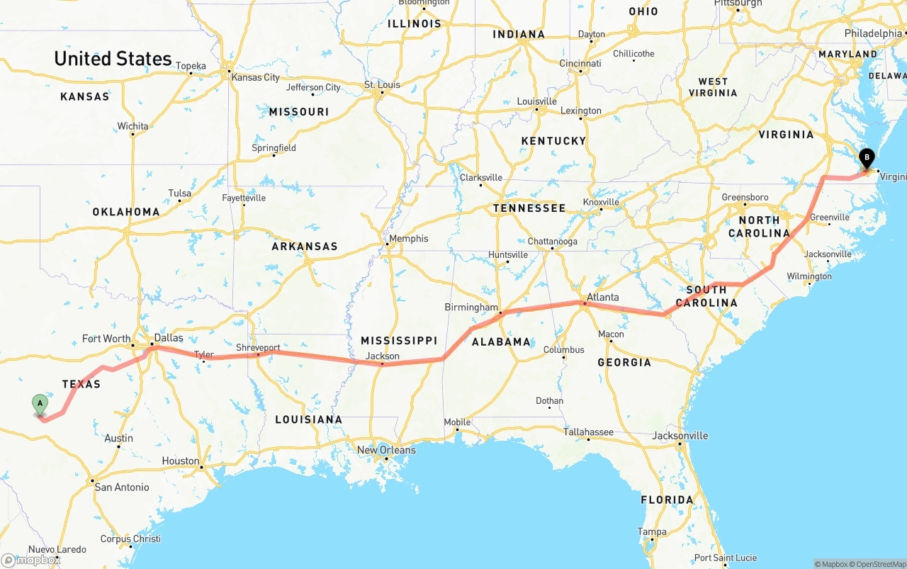 Shipping route from Texas to Port of Norfolk