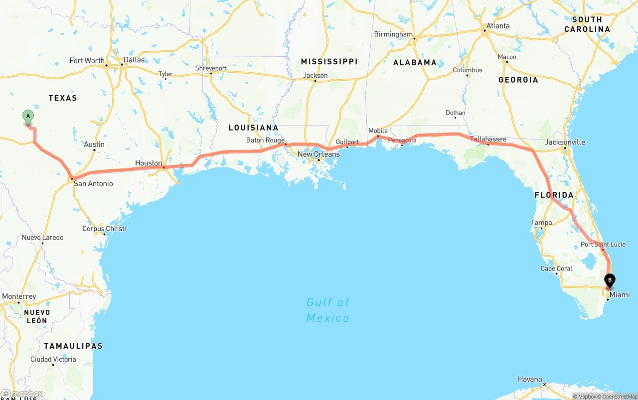 Shipping route from Texas to Port of Port Everglades