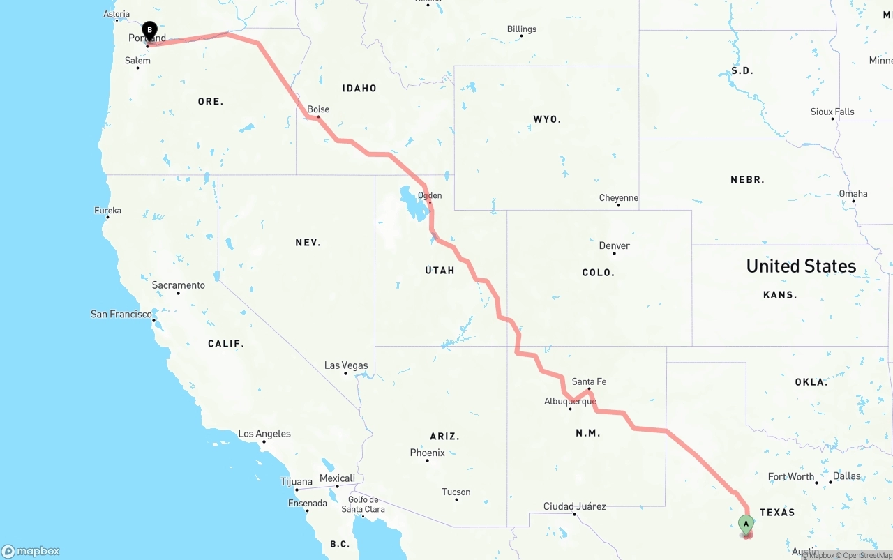 Shipping route from Texas to Portland International Airport
