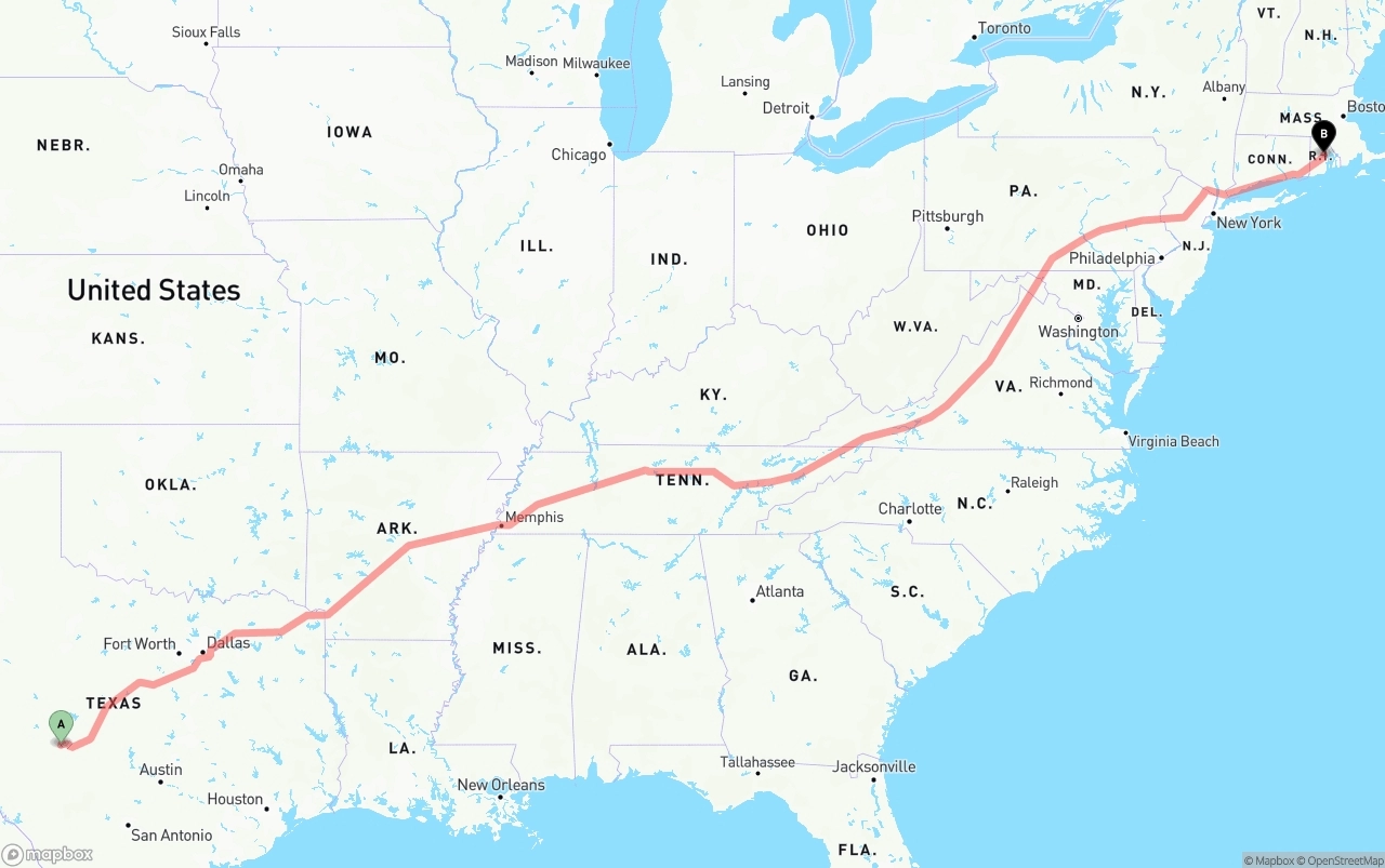 Shipping route from Texas to Rhode Island