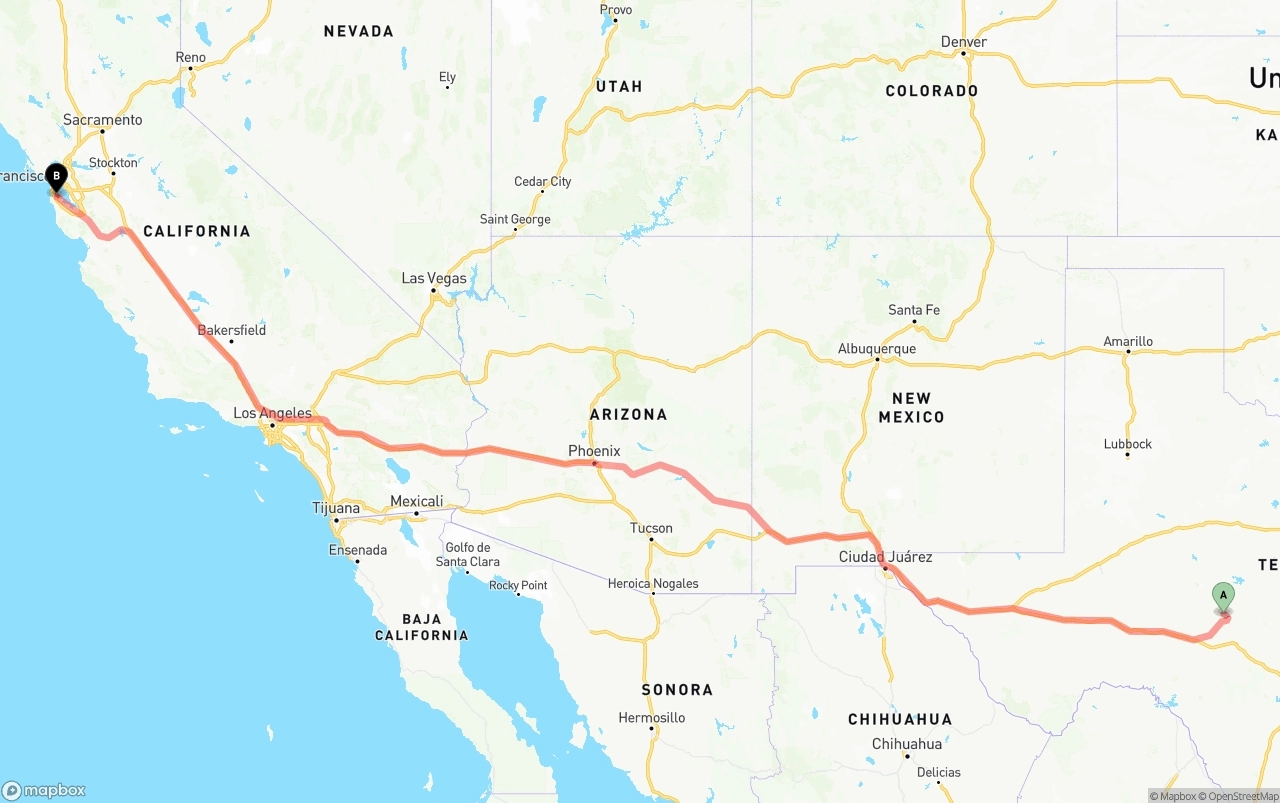 Shipping route from Texas to San Francisco International Airport