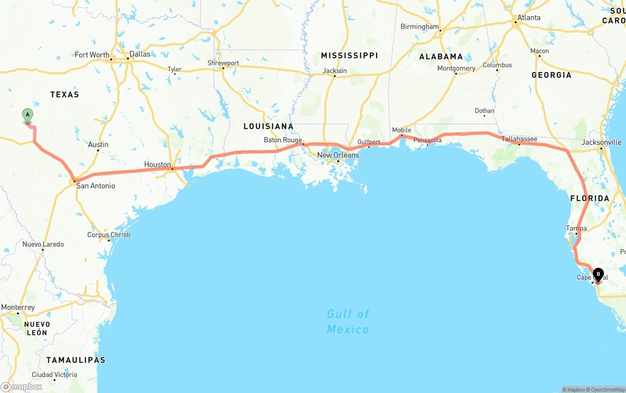 Shipping route from Texas to Southwest Florida International Airport