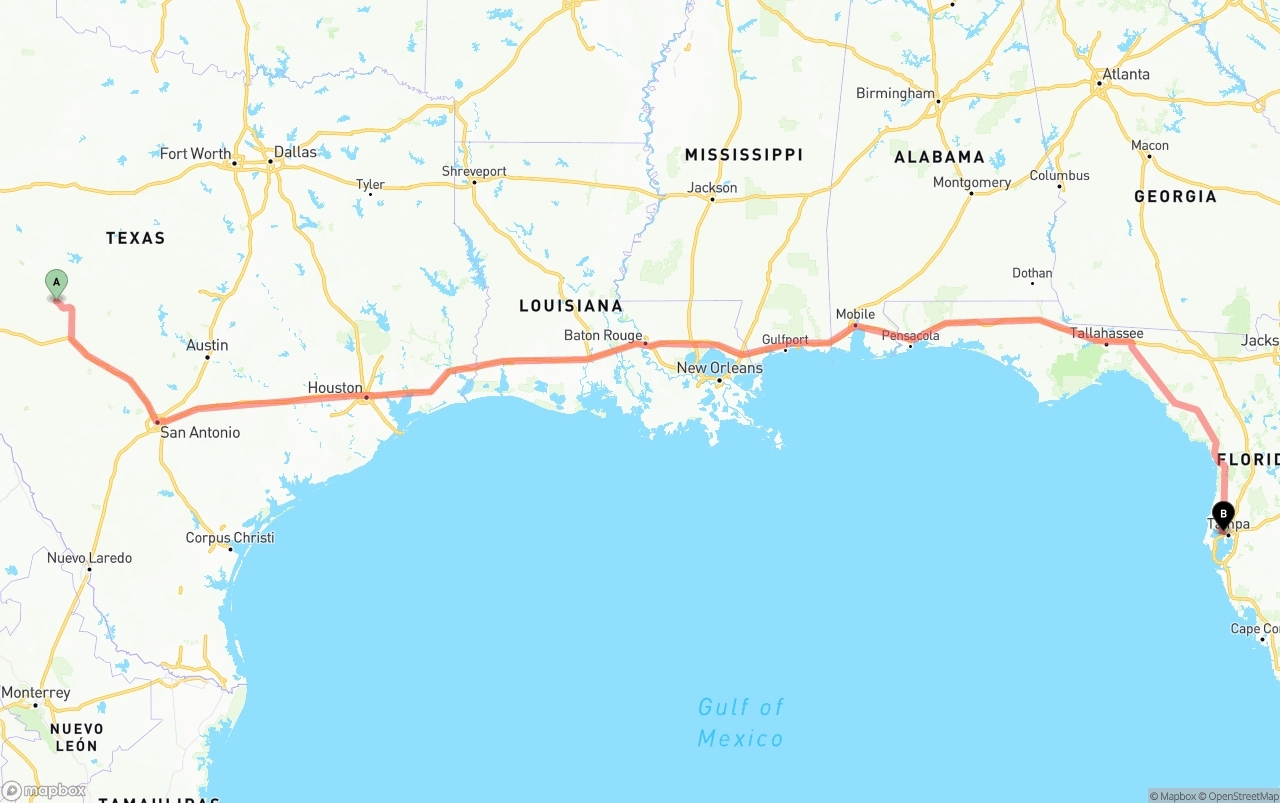 Shipping route from Texas to Tampa International Airport