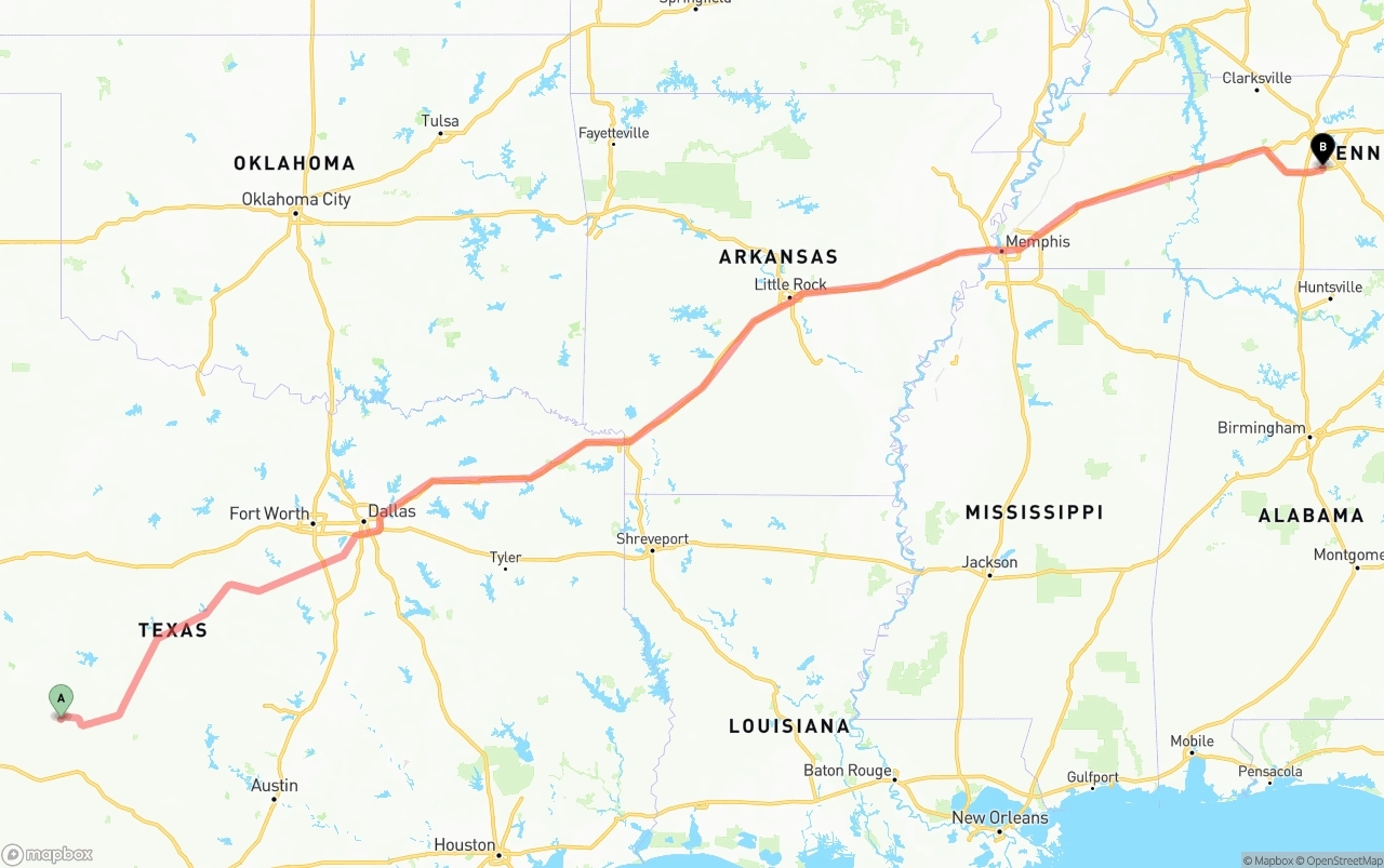 Shipping route from Texas to Tennessee