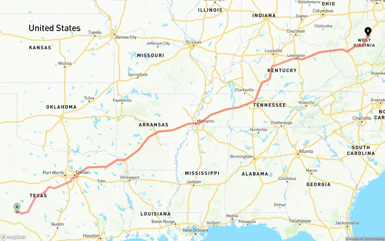 Shipping route from Texas to West Virginia