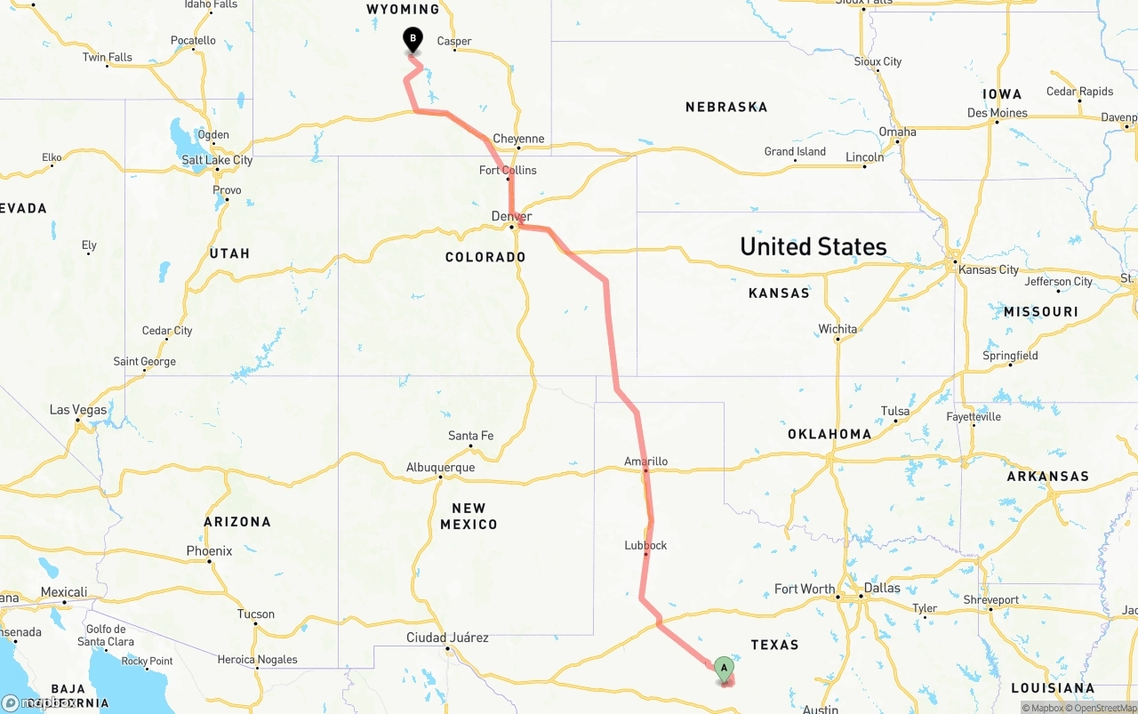 Shipping route from Texas to Wyoming