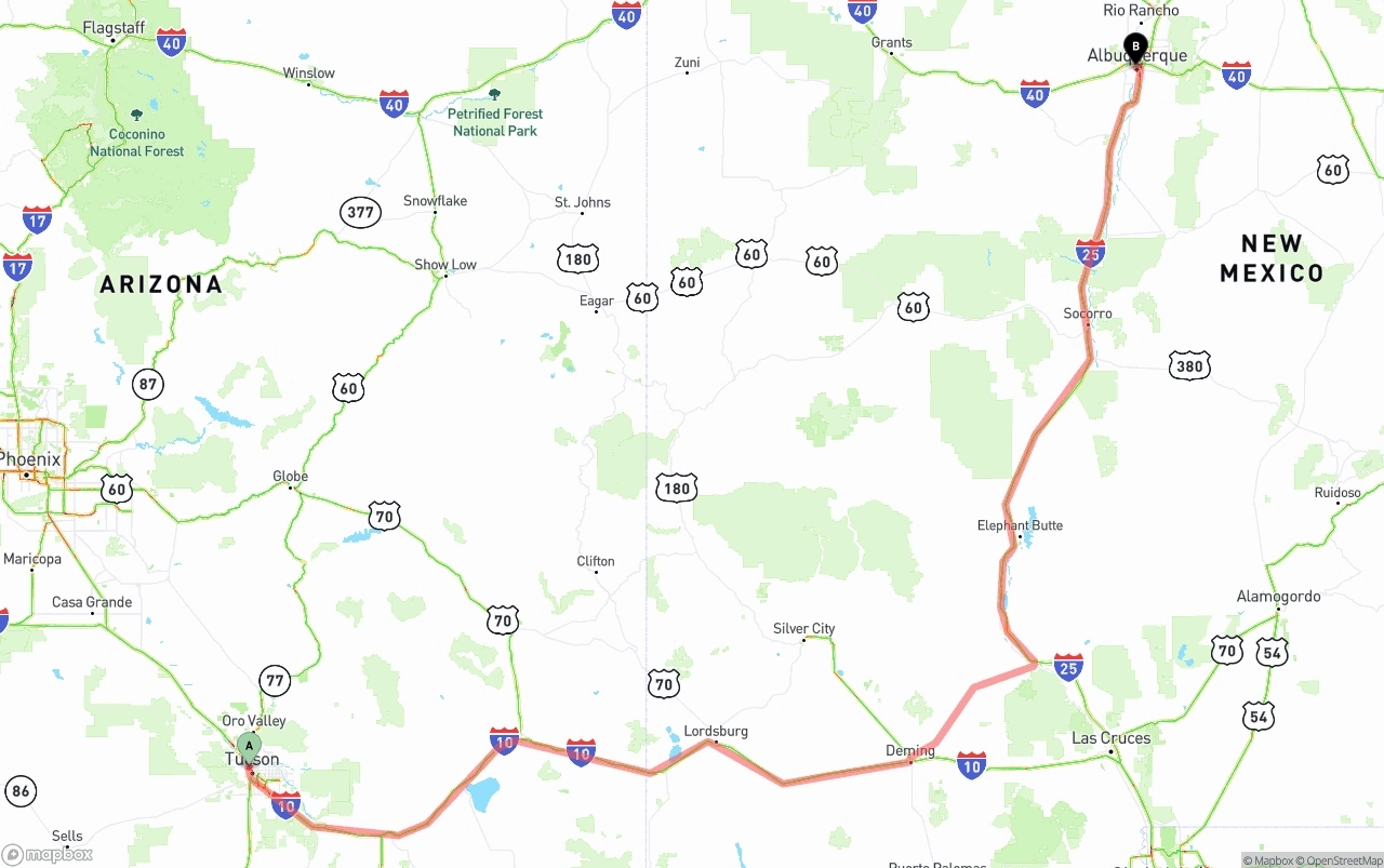 Shipping route from Tucson to Albuquerque