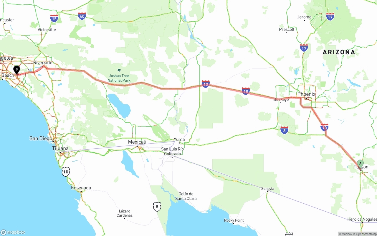 Shipping route from Tucson to Anaheim