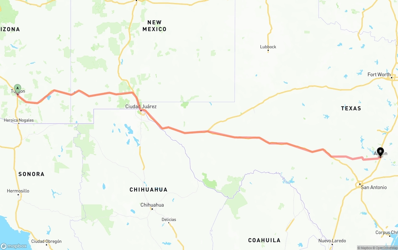 Shipping route from Tucson to Austin