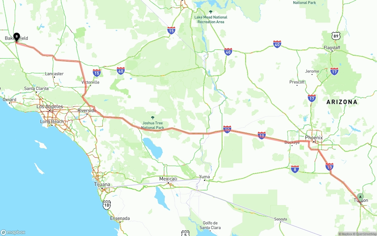 Shipping route from Tucson to Bakersfield
