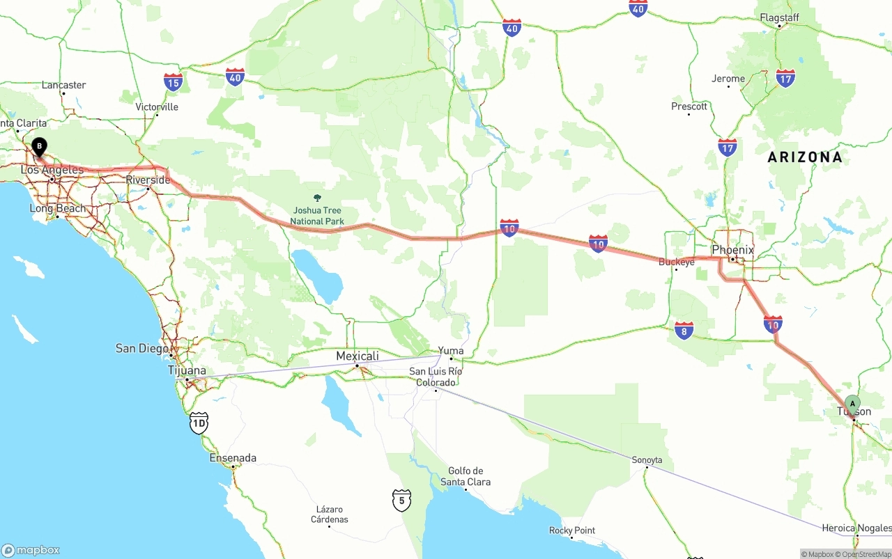 Shipping route from Tucson to Bob Hope Airport