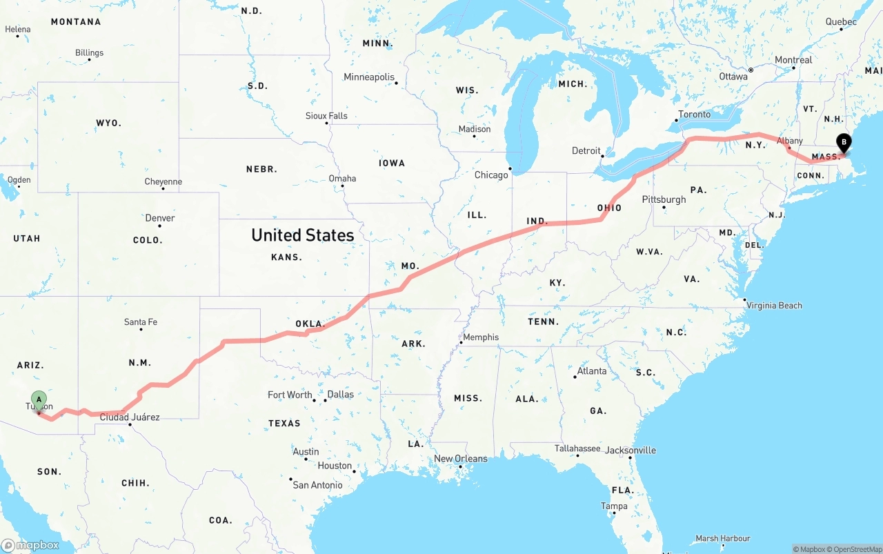 Shipping route from Tucson to Boston