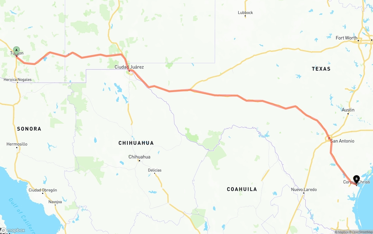 Shipping route from Tucson to Corpus Christi