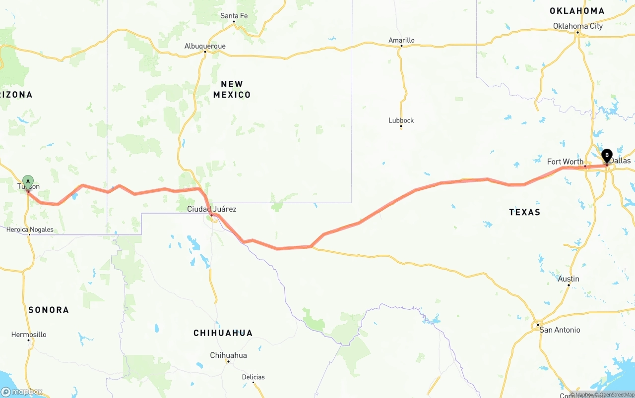 Shipping route from Tucson to Dallas