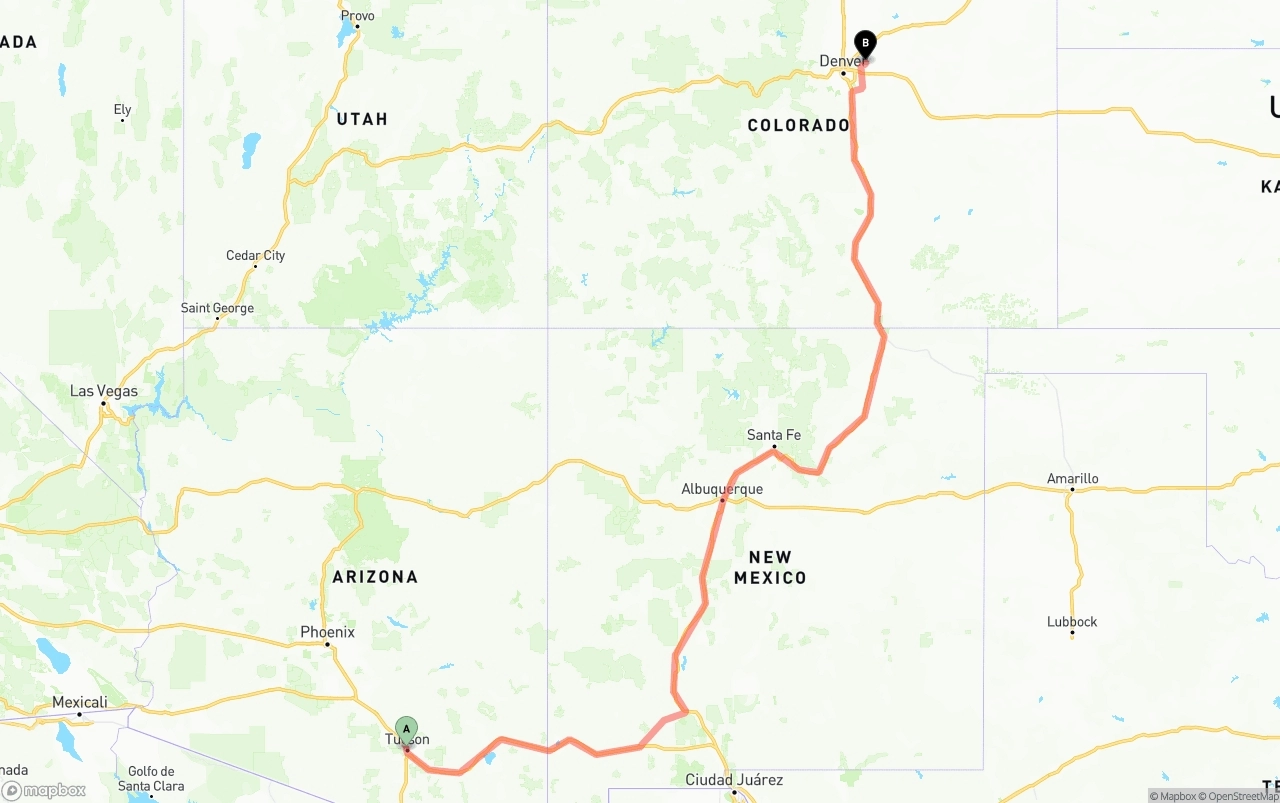 Shipping route from Tucson to Denver International Airport