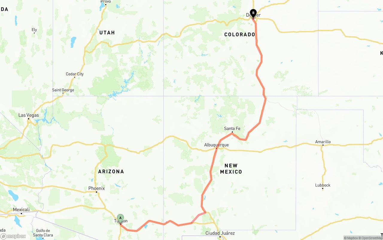 Shipping route from Tucson to Denver