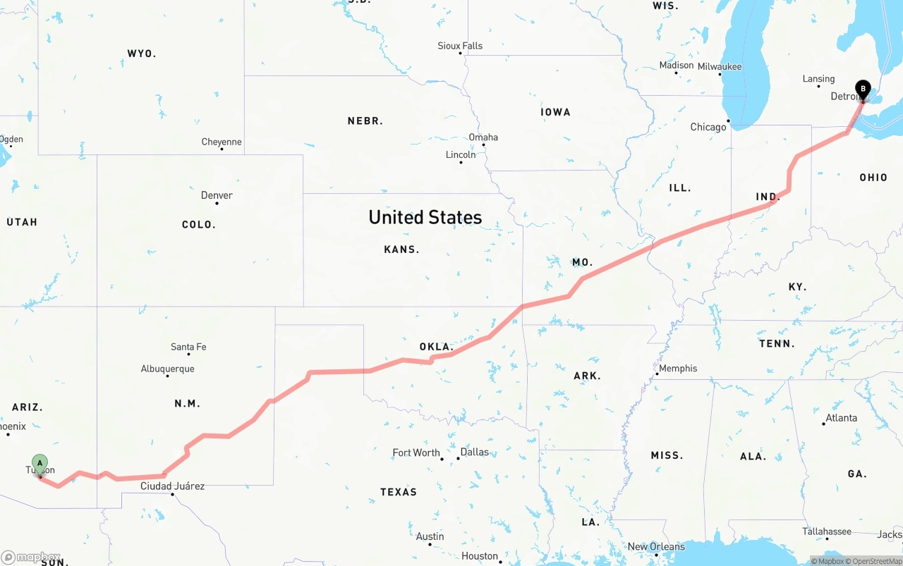 Shipping route from Tucson to Detroit