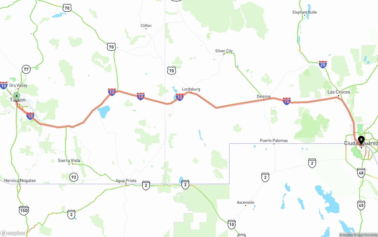 Shipping route from Tucson to El Paso