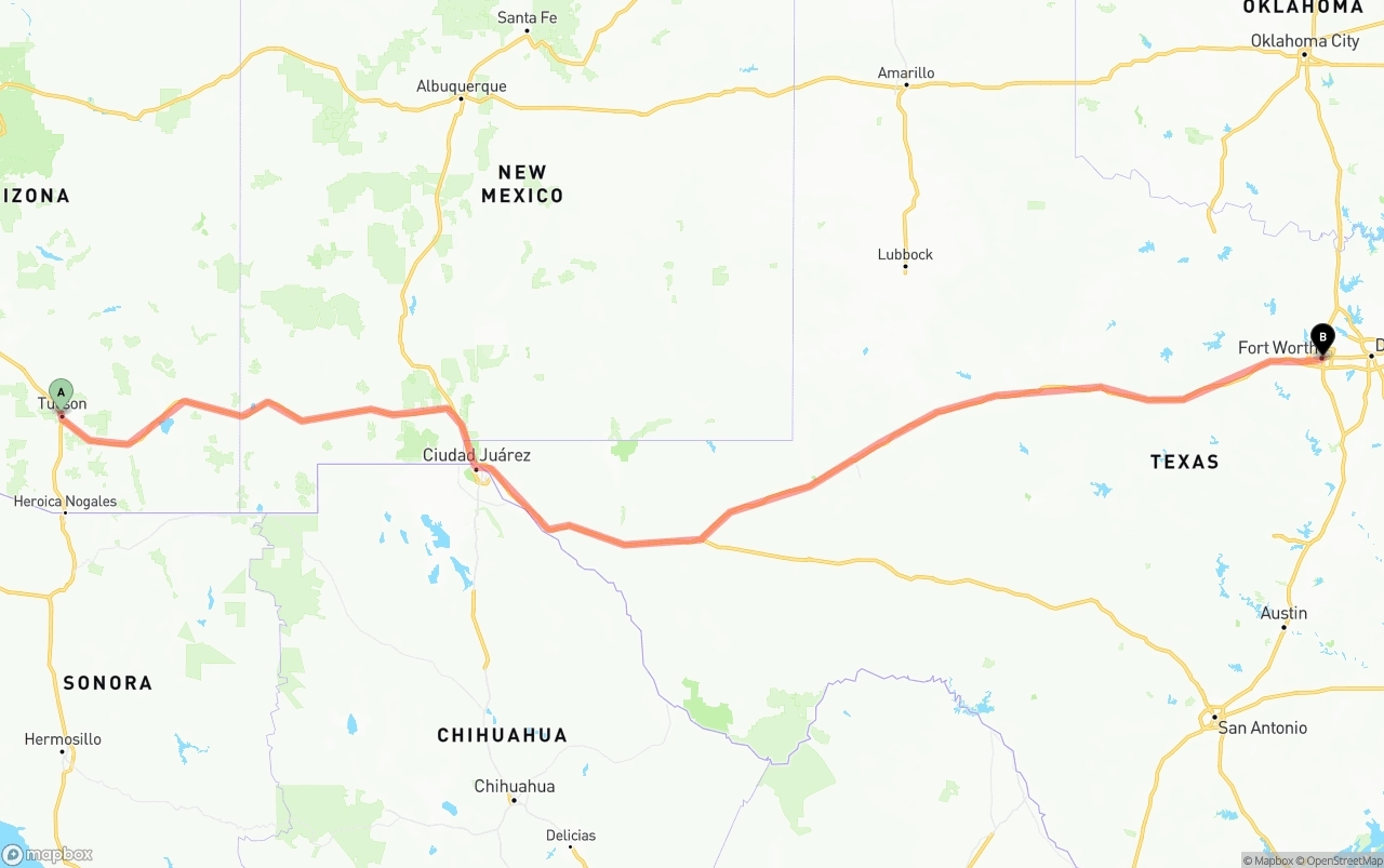 Shipping route from Tucson to Fort Worth