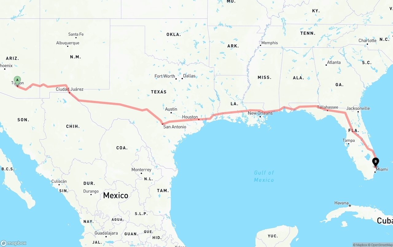 Shipping route from Tucson to Ft. Lauderdale