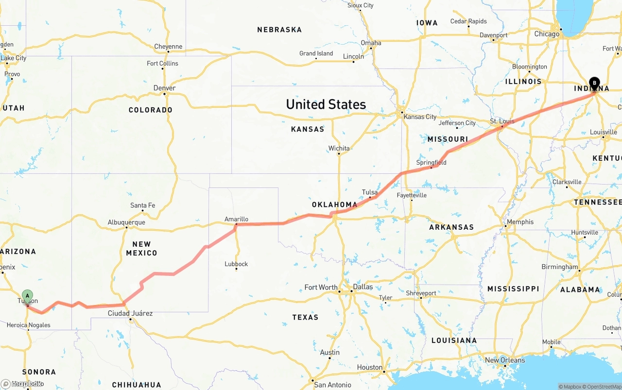 Shipping route from Tucson to Indianapolis