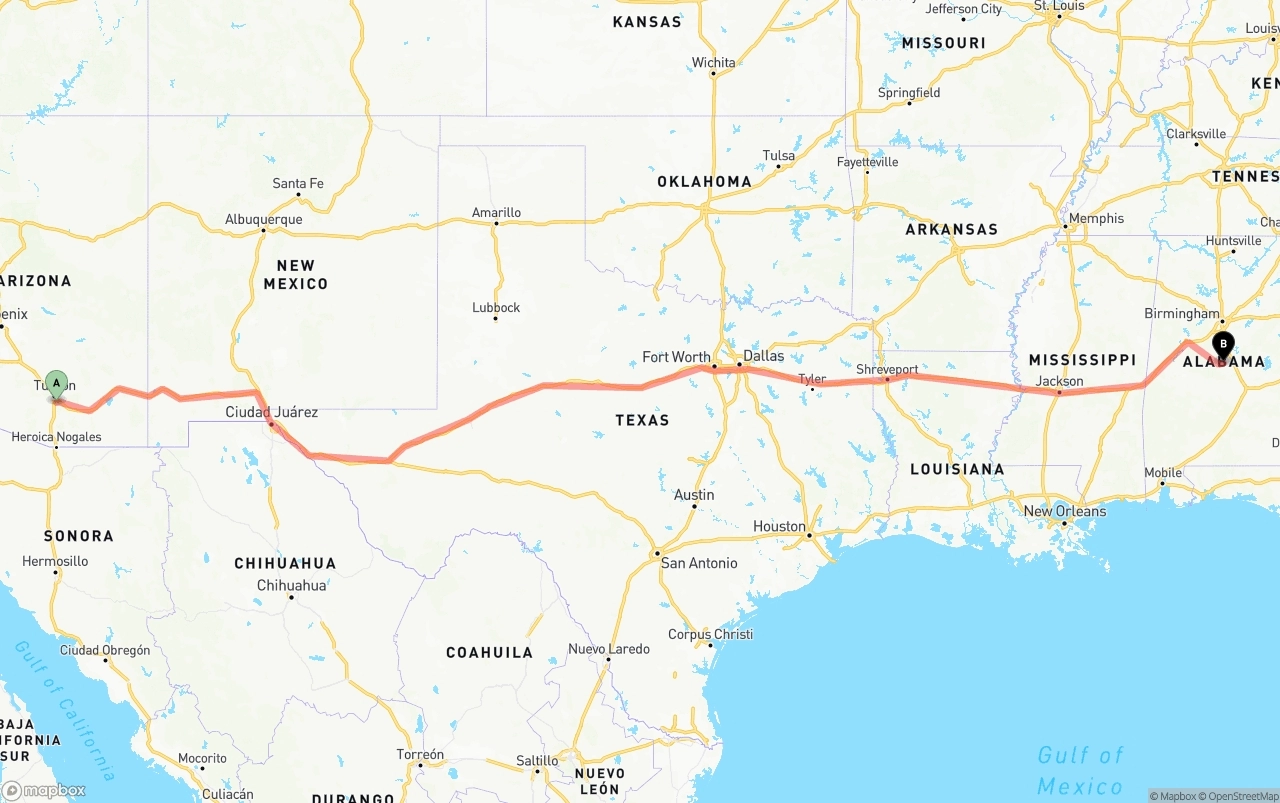 Shipping route from Tucson International Airport to Alabama