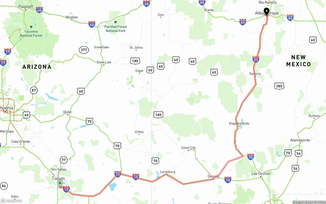 Shipping route from Tucson International Airport to Albuquerque