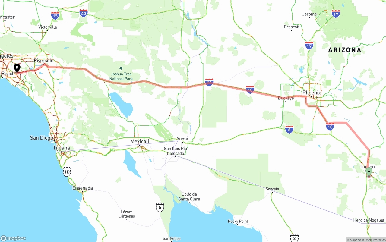 Shipping route from Tucson International Airport to Anaheim