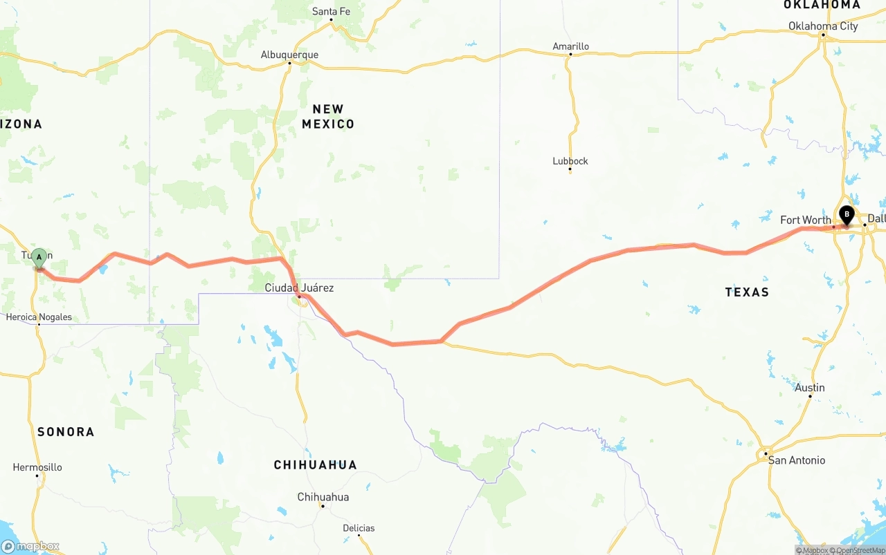 Shipping route from Tucson International Airport to Arlington
