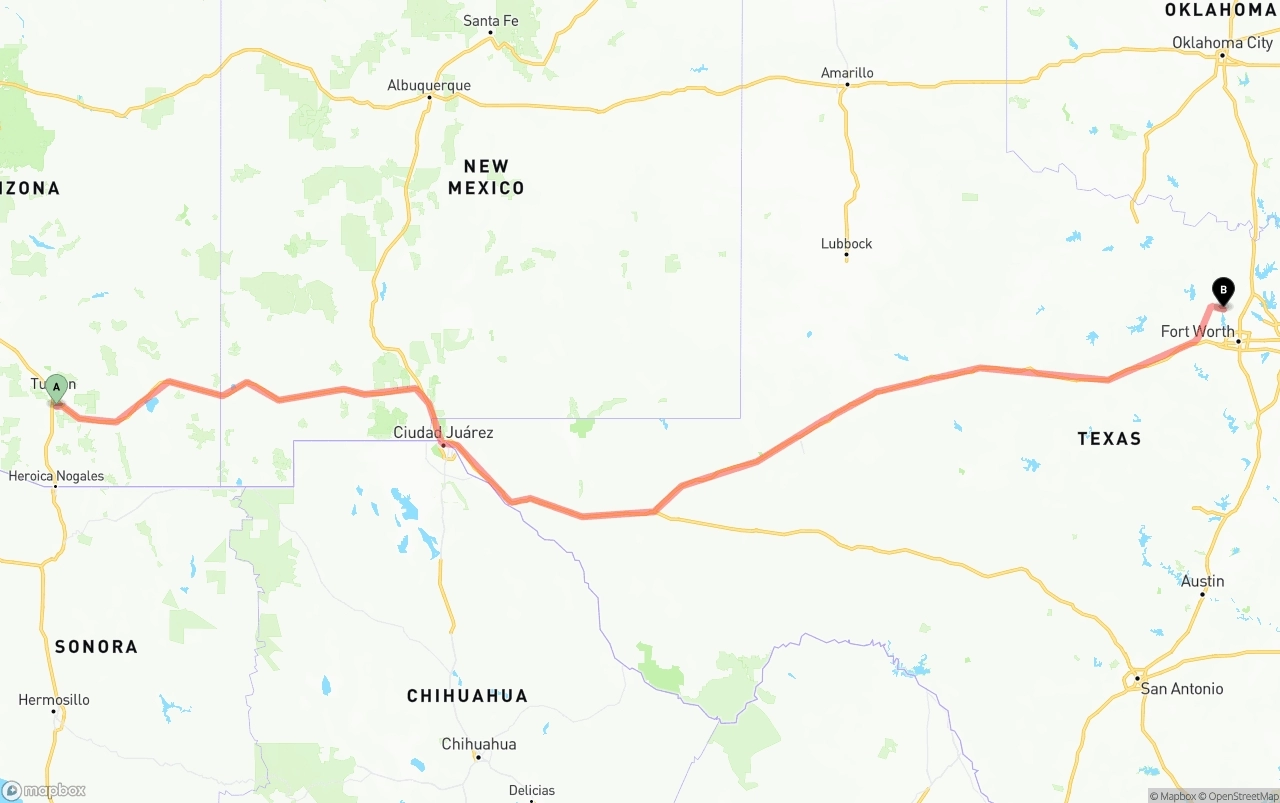 Shipping route from Tucson International Airport to Aurora