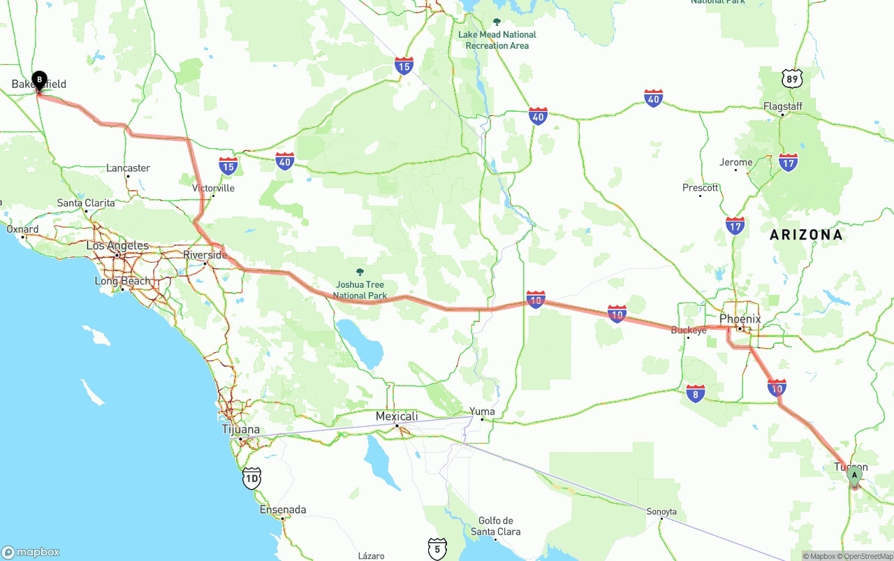 Shipping route from Tucson International Airport to Bakersfield